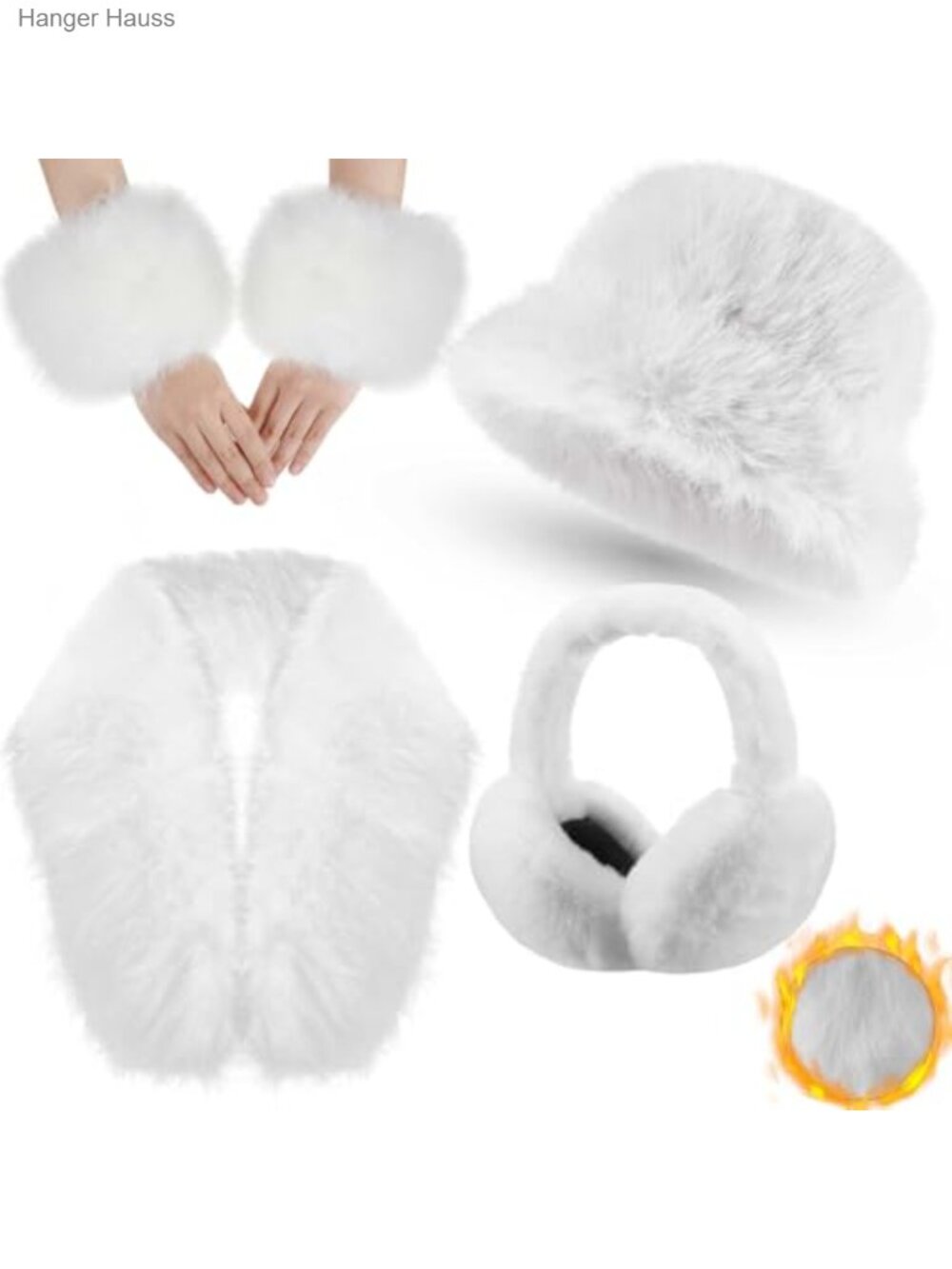 Faux Fur Winter Accessories Set Scarf Hat Earmuffs Wrist Cuffs 4 Pc